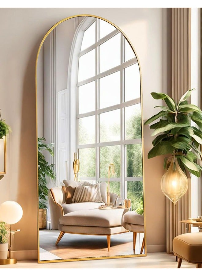Vparty 70x150cm Full-Length Freestanding & Wall-Mounted Arched Mirror with HD Glass, Gold Aluminum Frame, Adjustable Support Hinge – Modern Floor Mirror, Full Body Mirror for Bedroom, Living Room, Dressing Room, Entryway, Hallway, Stylish Home Decor, Oversized Mirror, Elegant Arched Design, Durable and Versatile Mirror (59"x27.6") - Image 1