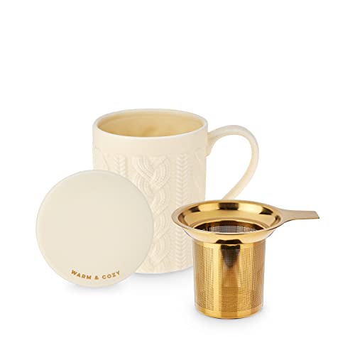 Pinky Up Annette Loose Leaf Tea Cup, Ceramic Travel Mug with Infuser and Lid, for Work, Office, Picnic, Camping, Outdoor Party, Spa Day, 12 oz, Set of 1, Knit Design - Image 1