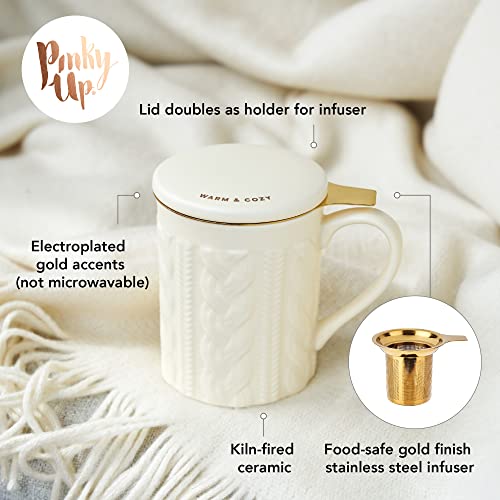Pinky Up Annette Loose Leaf Tea Cup, Ceramic Travel Mug with Infuser and Lid, for Work, Office, Picnic, Camping, Outdoor Party, Spa Day, 12 oz, Set of 1, Knit Design - Image 2