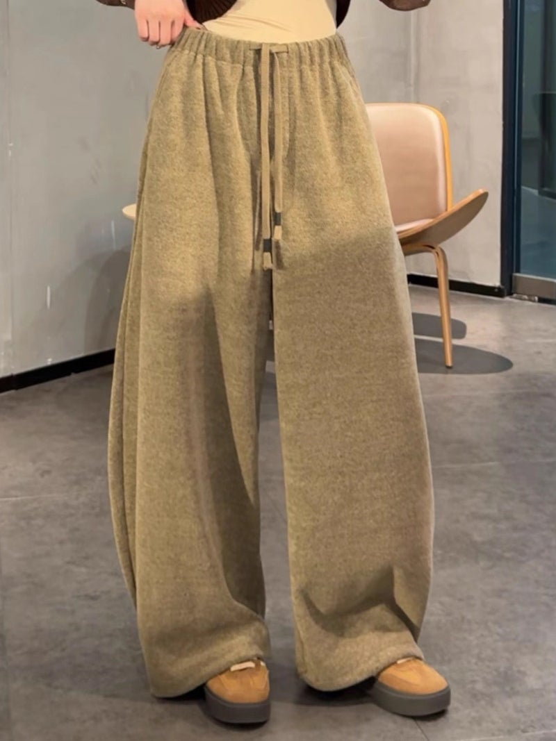 Lazy style design, drawstring, elastic waist, loose wide-leg pants, women's autumn and winter high-waisted slimming and draping casual straight pants - Image 3