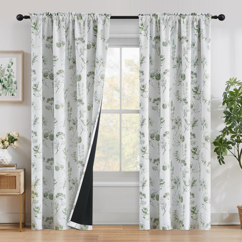 FMFUNCTEX 100% Blackout Floral Curtains 84 Inches Long for Bedroom, Sage Green Leaf Drapes for Living Room, Farmhouse Rod Pocket Back Tab Room Darkening Thermal Insulated Window Drapes 2 Panels - Image 2