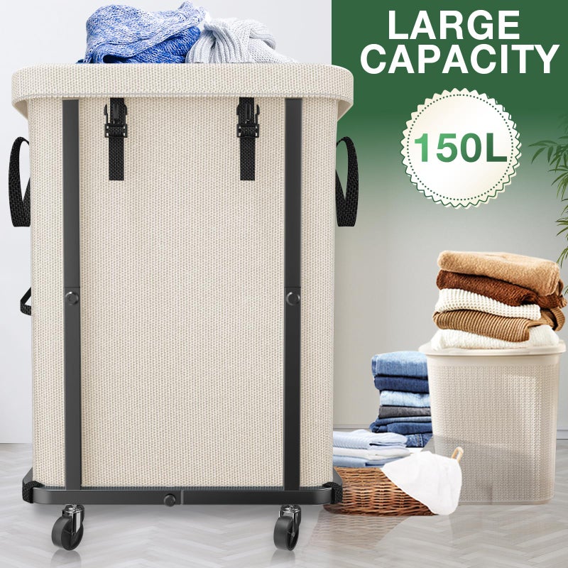 kunlabori 40 Gal(150L) High Grade Large Laundry Basket with Wheels, Rolling Laundry Hamper, Laundry Cart with Metal Frame and Removable Bag Design, Suitable for Laundry Room, Bedroom (White, 150L) - Image 2