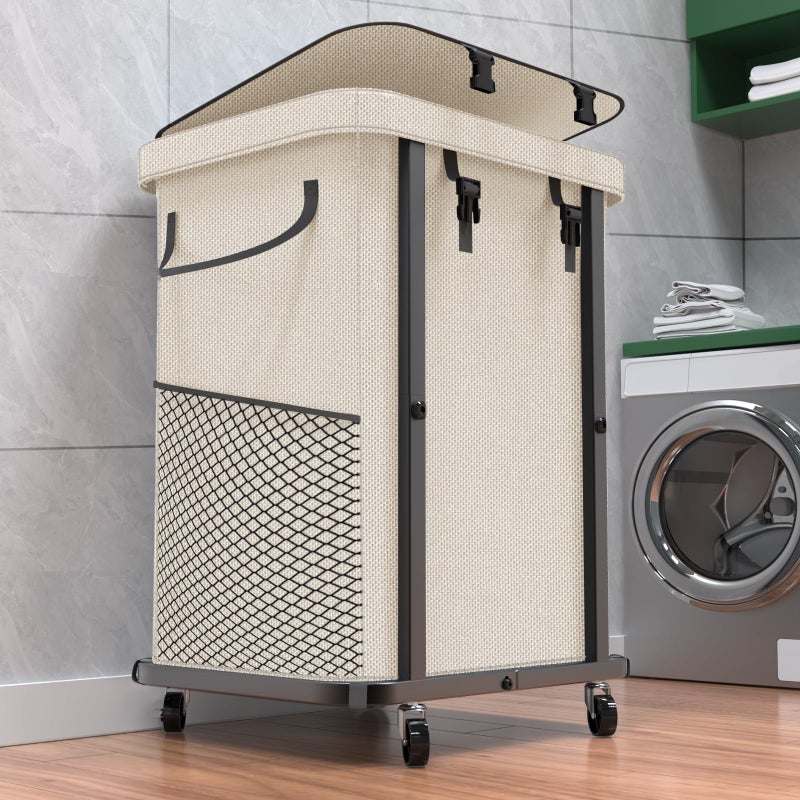 kunlabori 40 Gal(150L) High Grade Large Laundry Basket with Wheels, Rolling Laundry Hamper, Laundry Cart with Metal Frame and Removable Bag Design, Suitable for Laundry Room, Bedroom (White, 150L) - Image 1