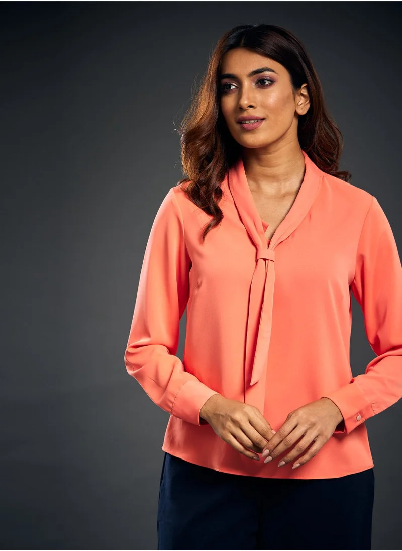 Zigzag Neck Tie Chiffon Long Sleeve Top Pink