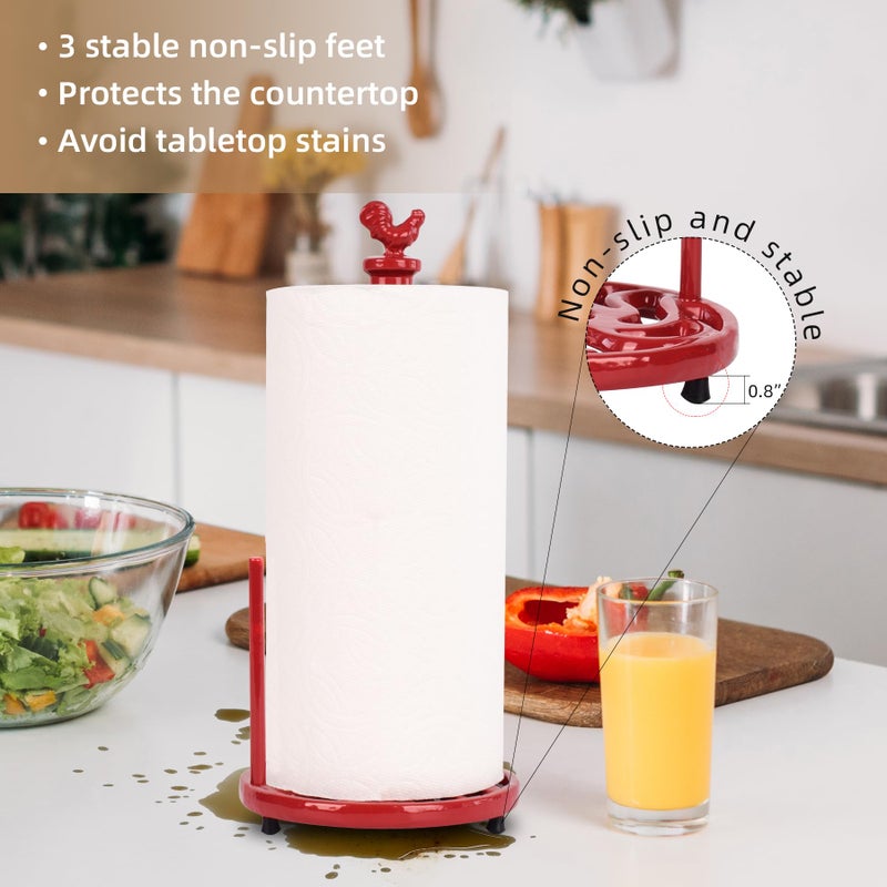 MINLUFUL Vintage Rooster Paper Towel Holder - Easy One Handed Tear Cast Iron Roll Paper Towel Dispenser Countertop, Red - Image 3