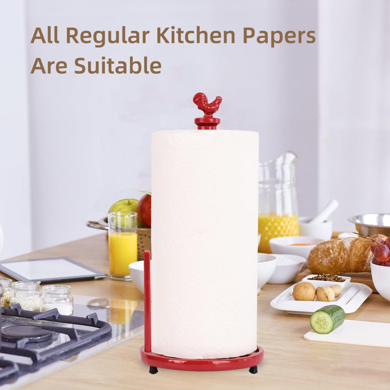 MINLUFUL Vintage Rooster Paper Towel Holder - Easy One Handed Tear Cast Iron Roll Paper Towel Dispenser Countertop, Red - Image 5