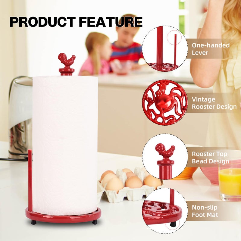 MINLUFUL Vintage Rooster Paper Towel Holder - Easy One Handed Tear Cast Iron Roll Paper Towel Dispenser Countertop, Red - Image 2