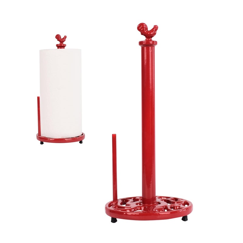 MINLUFUL Vintage Rooster Paper Towel Holder - Easy One Handed Tear Cast Iron Roll Paper Towel Dispenser Countertop, Red - Image 1