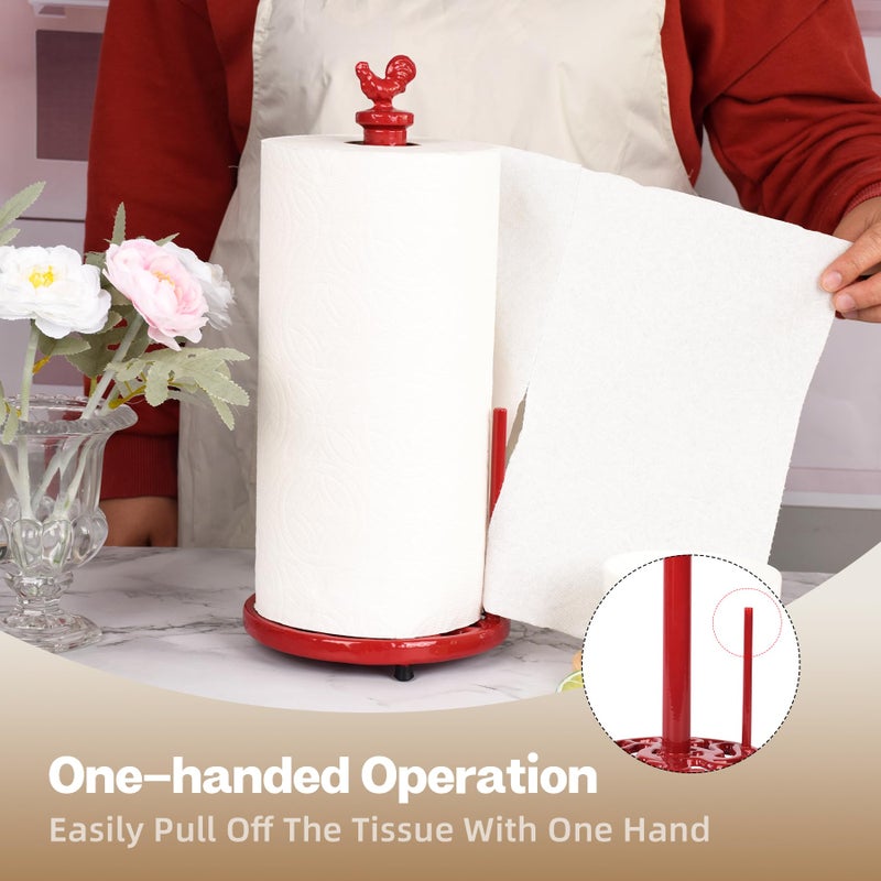 MINLUFUL Vintage Rooster Paper Towel Holder - Easy One Handed Tear Cast Iron Roll Paper Towel Dispenser Countertop, Red - Image 4
