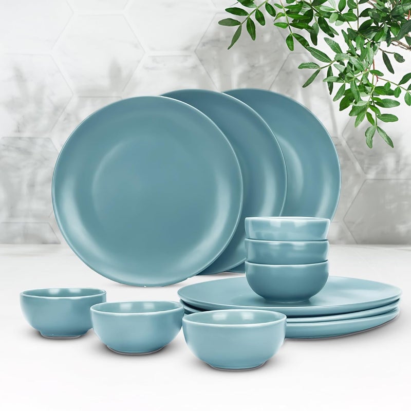 Homestic 12 Pcs Ceramic Dinner Set | Dishwasher & Microwave Safe | Crockery Set for Dining & Gifting | 6 Pcs Dinner Plates & 6 Pcs Bowl | Blue - Image 1