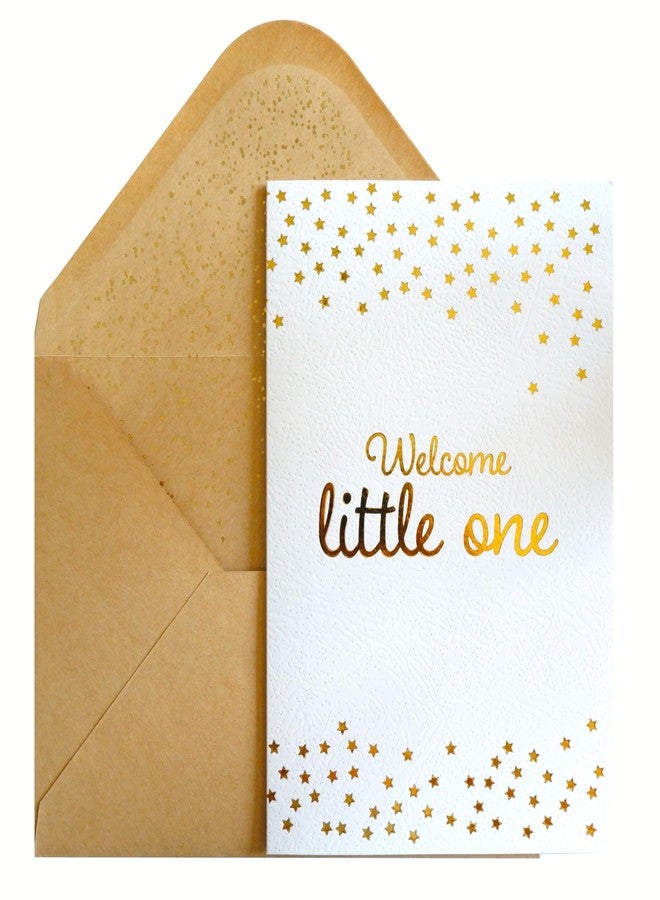 CHRIZ.Z Welcome Little One Greeting Card - Single New Baby Card for Baby Shower, Newborn, Birth & New Parents on White Color Textured Paper with Gold Foil and Glitter Envelope - 5" x 7" - Blank Inside - Image 1