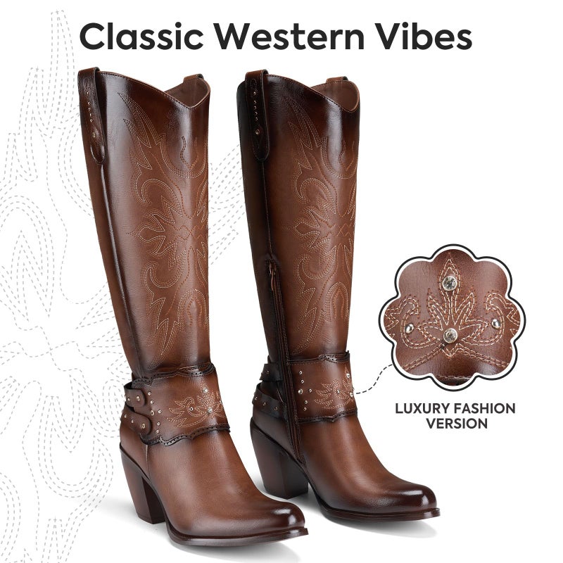 Rollda Cowboy Boots for Women, Cowgirl Boots Knee High, Ladies Tall Western Boots Rounded Toe Chunky Heel Pull on Zipper for Country Concert Party Women Boots Brown Size 7 - Image 4