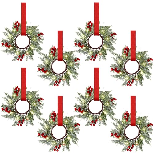 Xinnun 8 Pcs Mini Christmas Wreath for Cabinets Kitchen with LED Lights 866 Inch Lighted Hanging Red Small Christmas Wreaths with Berry for Kitchen Cabinet Fireplace Window Front Door Wall Decor - Image 1