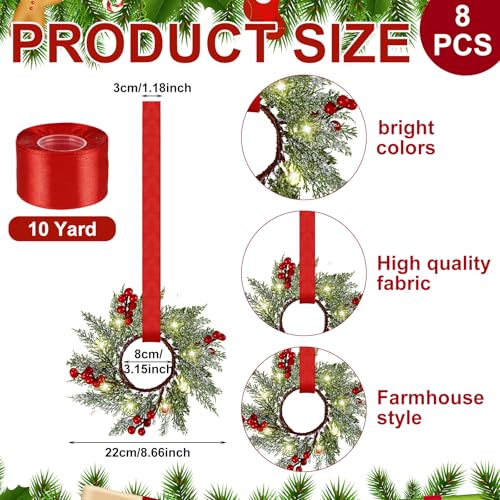 Xinnun 8 Pcs Mini Christmas Wreath for Cabinets Kitchen with LED Lights 866 Inch Lighted Hanging Red Small Christmas Wreaths with Berry for Kitchen Cabinet Fireplace Window Front Door Wall Decor - Image 3