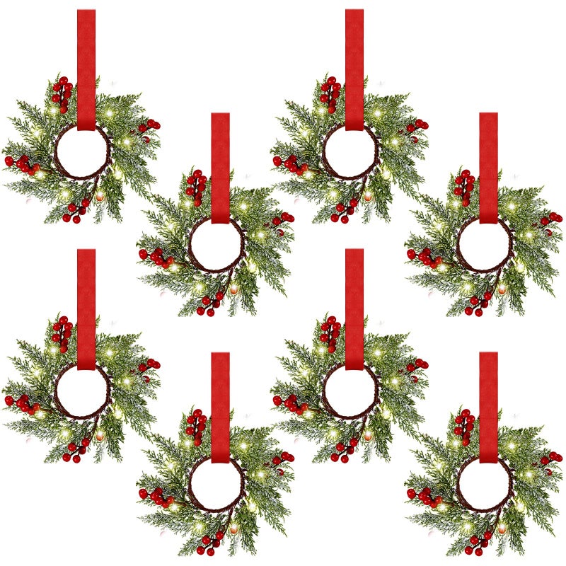 Xinnun 8 Pcs Mini Christmas Wreath for Cabinets Kitchen with LED Lights 866 Inch Lighted Hanging Red Small Christmas Wreaths with Berry for Kitchen Cabinet Fireplace Window Front Door Wall Decor - Image 2