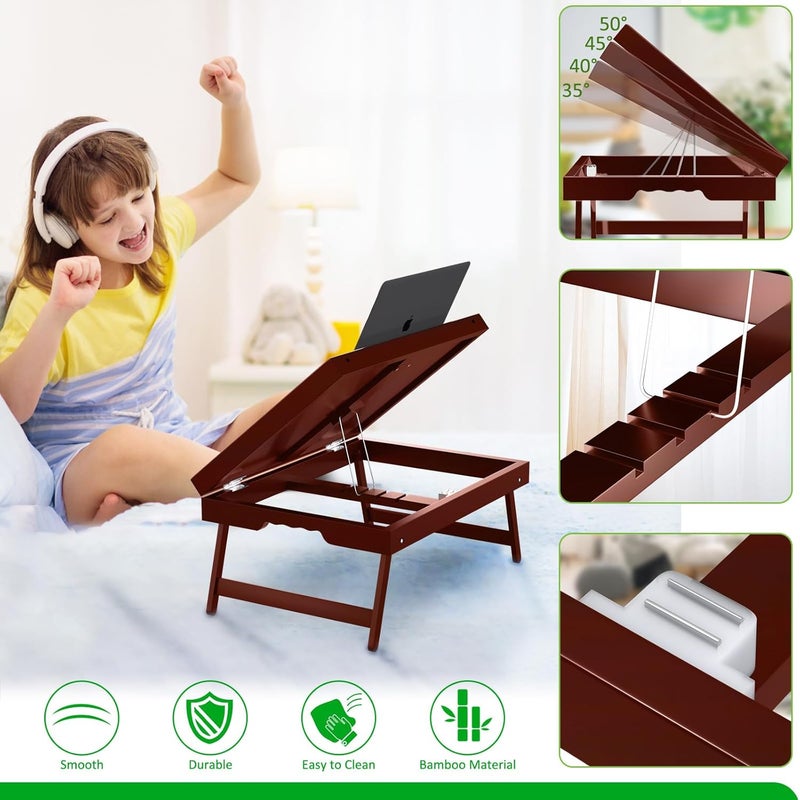 promitop 2 Pack Bamboo Bed Tray Table with Foldable Legs & Ergonomic Handle, 17x12in Breakfast Tray for Eating, Laptop Desk, Sofa Snacking, Non-Slip Surface (Mahogany) - Image 3