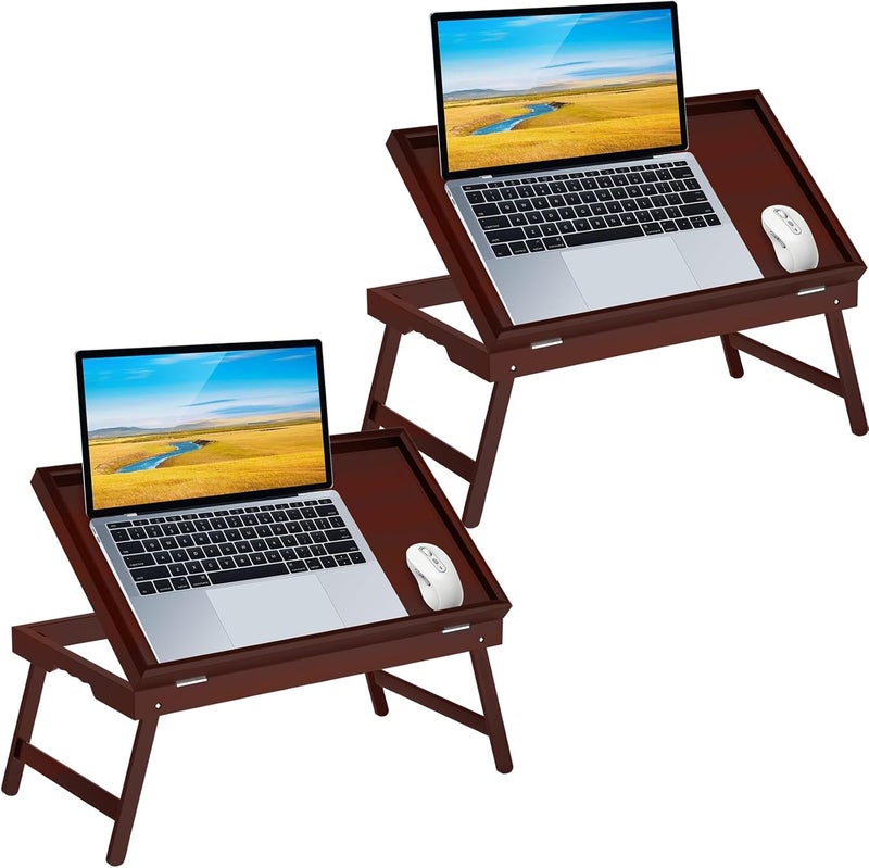 promitop 2 Pack Bamboo Bed Tray Table with Foldable Legs & Ergonomic Handle, 17x12in Breakfast Tray for Eating, Laptop Desk, Sofa Snacking, Non-Slip Surface (Mahogany) - Image 1