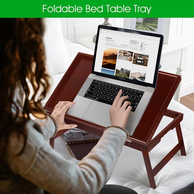 promitop 2 Pack Bamboo Bed Tray Table with Foldable Legs & Ergonomic Handle, 17x12in Breakfast Tray for Eating, Laptop Desk, Sofa Snacking, Non-Slip Surface (Mahogany) - Image 2