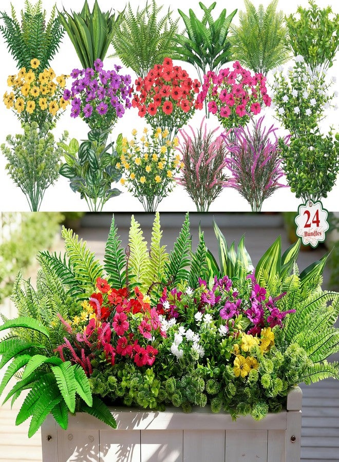Alupssuc 24 Pcs Artificial Plants Flowers for Outdoors, Realistic Faux UV Resistant Greenery & Silk Flowers,Fake Plastic Shrubs Stems No Fade for Indoor Outside Garden Patio Spring Planter Home Decor - Image 1
