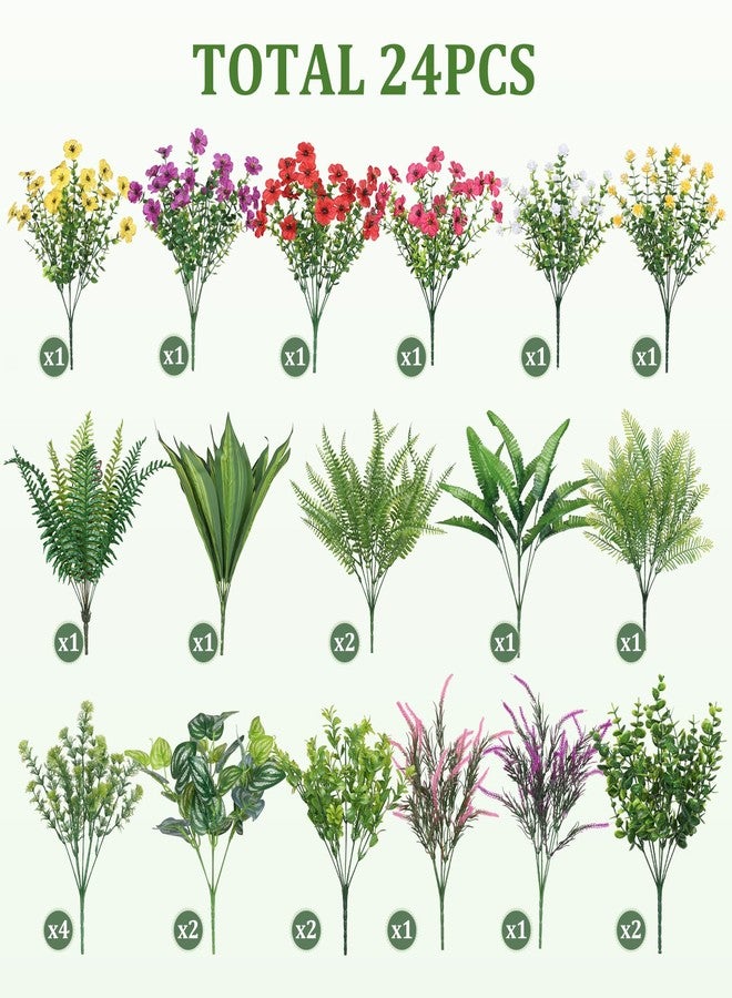 Alupssuc 24 Pcs Artificial Plants Flowers for Outdoors, Realistic Faux UV Resistant Greenery & Silk Flowers,Fake Plastic Shrubs Stems No Fade for Indoor Outside Garden Patio Spring Planter Home Decor - Image 2