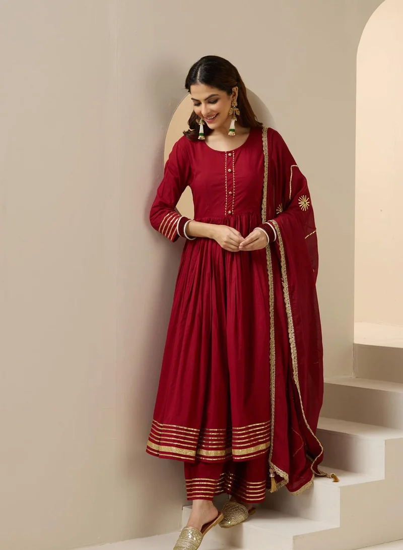 ISHIN Women's Maroon 100% Cotton Embroidered Tunic Full Length Palazzo Straight Fit Kurta Set