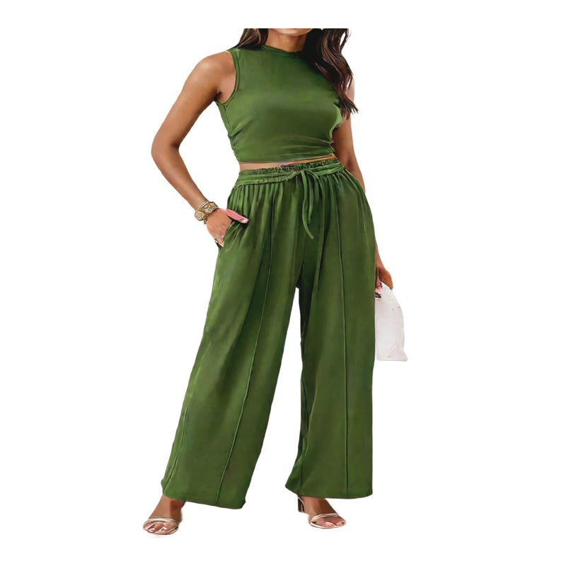 Knitted Casual Two-Piece Set Sleeveless Round Neck Crop Top Wide Leg Pants - Image 1