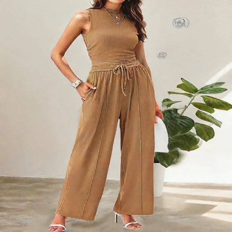Knitted Casual Two-Piece Set Sleeveless Round Neck Crop Top Wide Leg Pants - Image 2