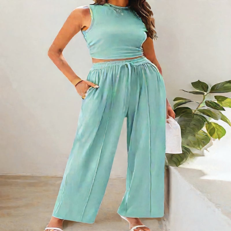 Knitted Casual Two-Piece Set Sleeveless Round Neck Crop Top Wide Leg Pants - Image 3