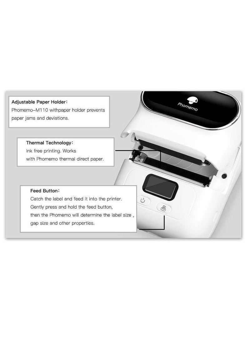phomemo - Phomemo M110 Portable Thermal Label Printer Bluetooth Connection Apply For Labeling Shipping Office Cable Retail Barcode And More with 1 40×30mm Label Roll White - Image 1