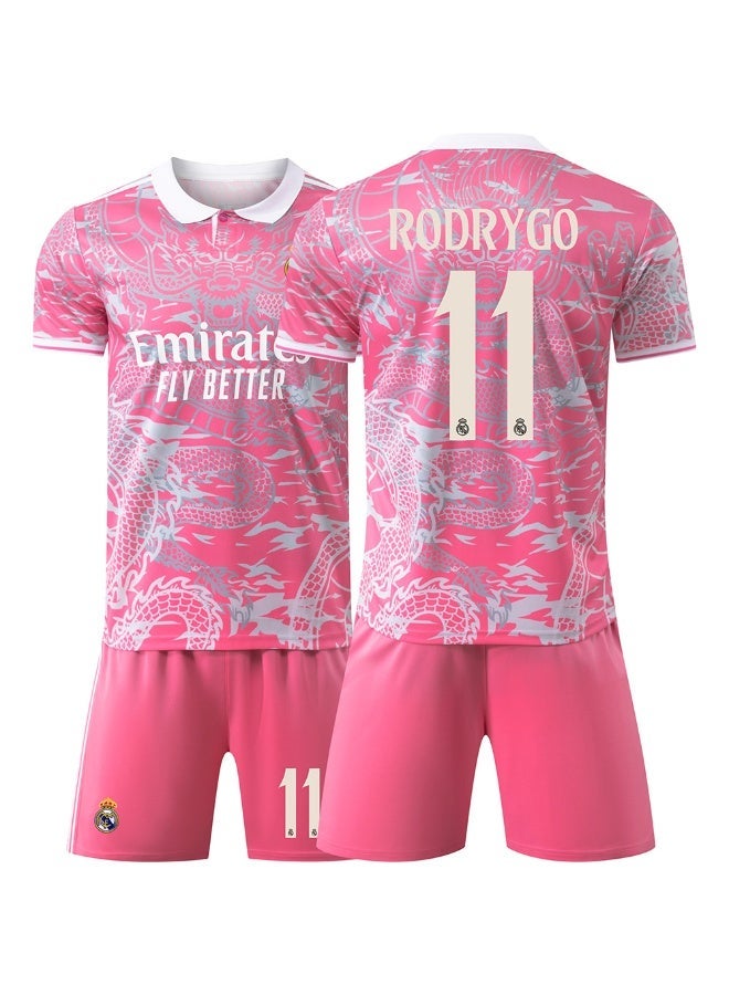 Real Madrid 2025-2026 Real Madrid dragon pattern pink football uniform #11 RODRYGO football jersey shorts suit children's size and adult size gifts for fans and friends - Image 1