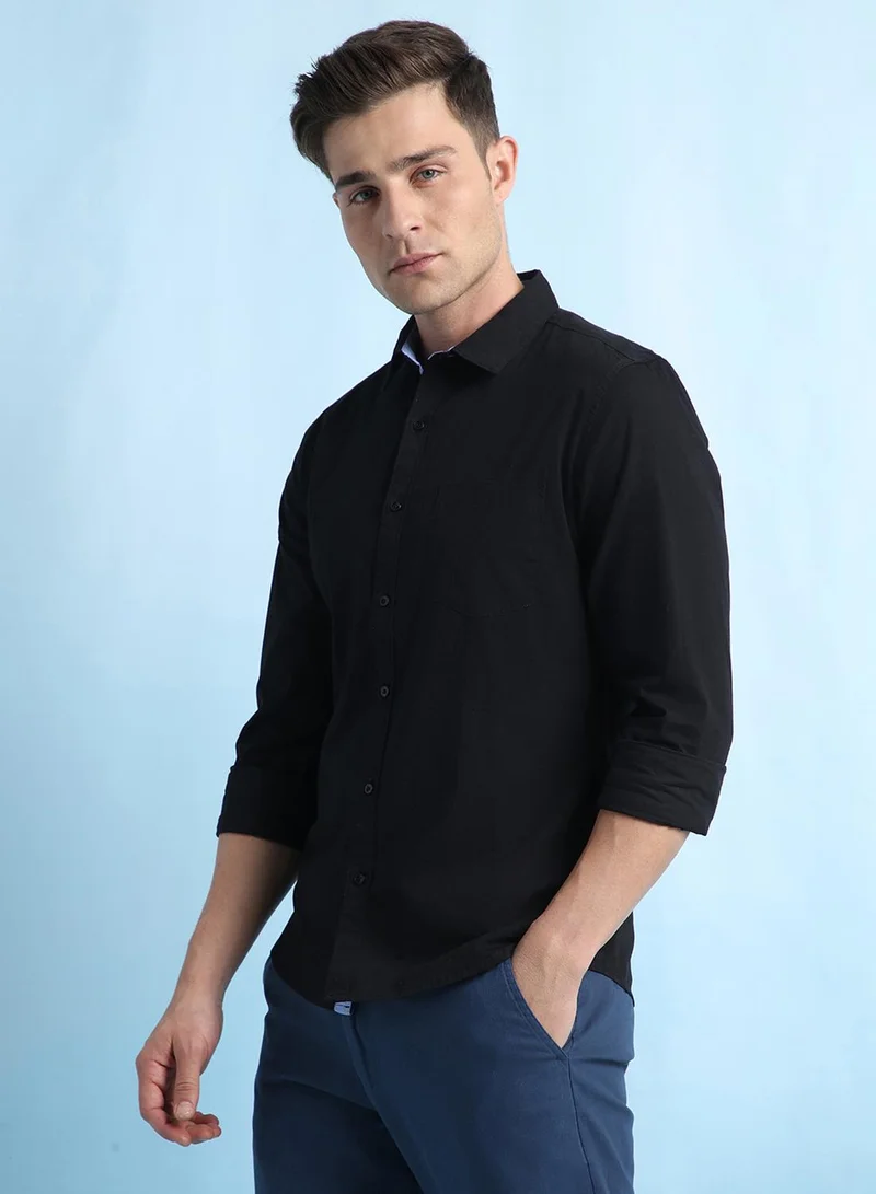 Dennis Lingo Men's Black 100% Cotton Solid Button Down Regular Fit Shirt