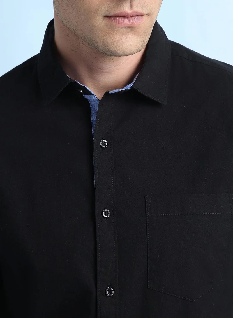 Dennis Lingo Men's Black 100% Cotton Solid Button Down Regular Fit Shirt