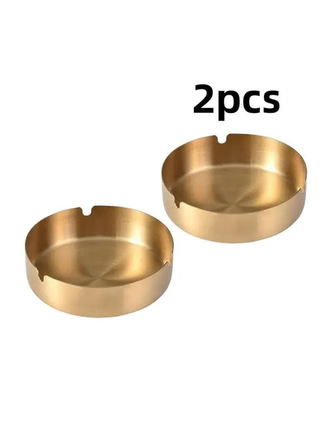Golden Round Metal Ashtrays 2 Pack Shatterproof Easy Clean Indoor Outdoor Use - Image 1