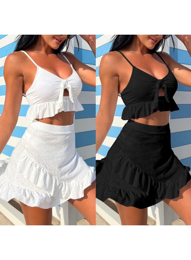 Generic European And American Solid Color Floral Special Fabric Three-piece Swimwear Swimsuit Bikini Bikini Cross-Border-Color:White-Size:S - Image 2