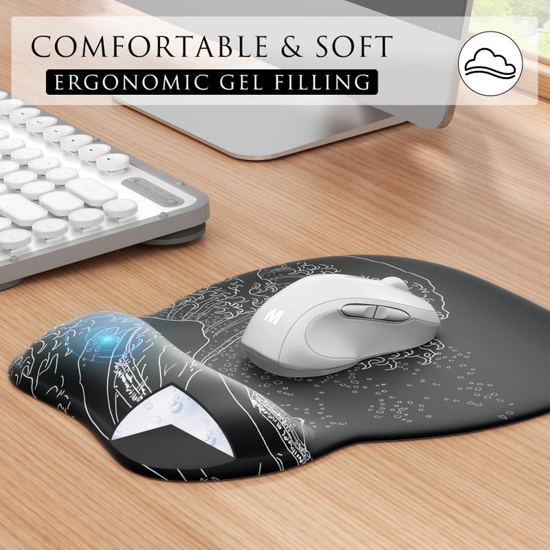 MROCO Ergonomic Mouse Pad with Gel Wrist Rest, Smooth Wrist Support Surface, Non-Slip PU Base for Pain Relief, Comfortable Mousepad for Computer, Laptop, Office & Home, 9.4 x 8.1 in, Kanagawa Wave - Image 3