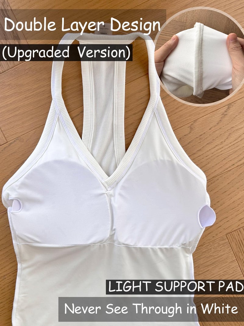 Danysu White Tank Top for Women with Built in Bra Ribbed Long Tank Fitted Basic Cami Tops Angel White L - Image 4