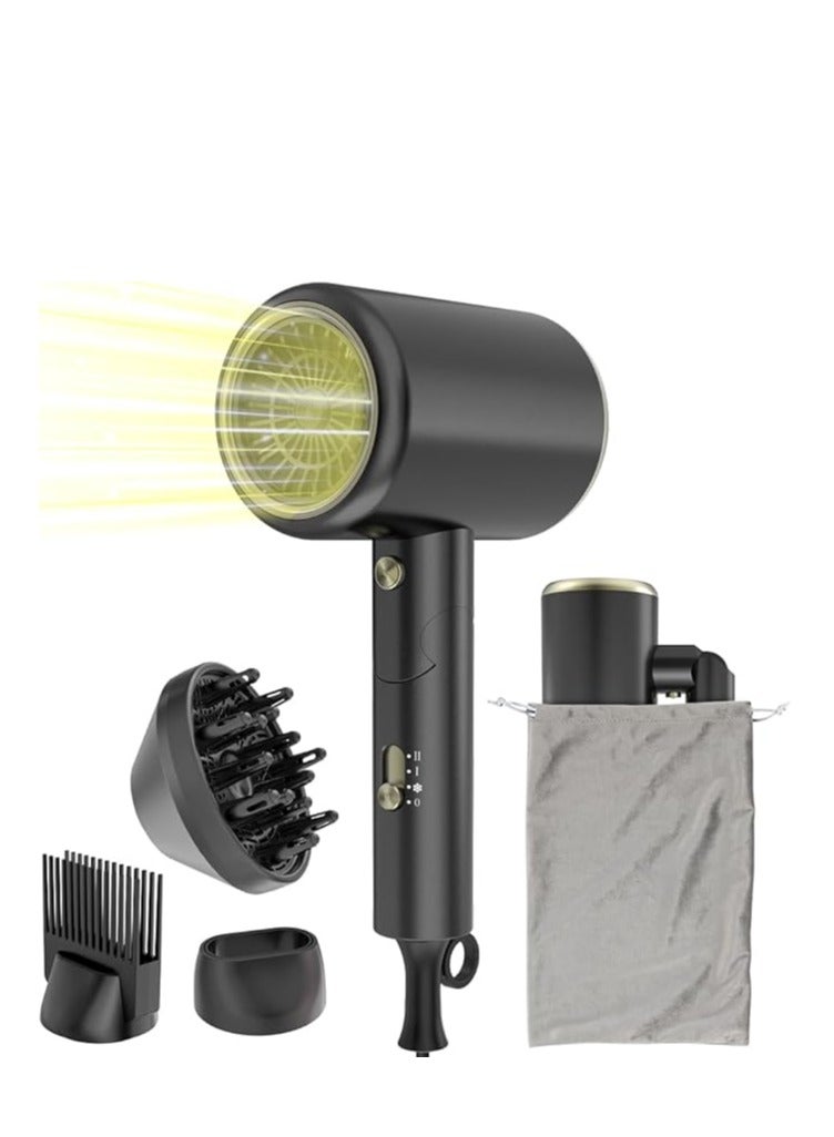 Oxsaytee Hair Dryer 1800W Professional Salon Mini Size Hair Blow Dryer with Diffuser Low Noise Storage Bag Bow Dryer for Curly Hair Fast Drying For Home Salon Travel (Black) - Image 1