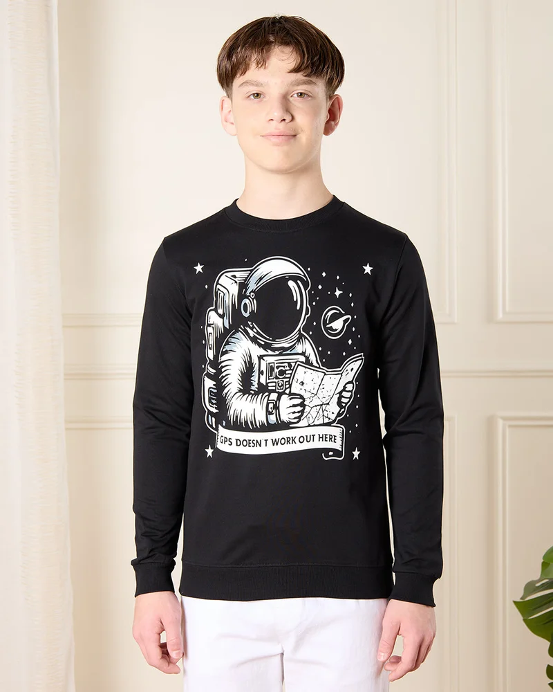 Redtag Senior Boys Black Astronaut Print Sweatshirt