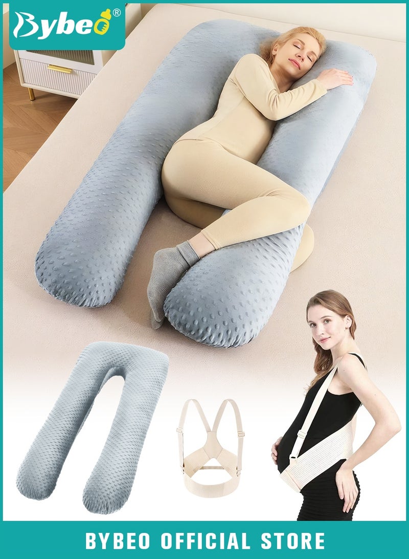 Bybeo Pregnancy Pillow + Maternity Belly Belt Set, Maternity Pillows with Removable Bean Velvet Cover, U-Shape Full Body Pillow for Sleeping, Body Pillows for Adults With Adjustable Belly Bands and Supports - Image 1