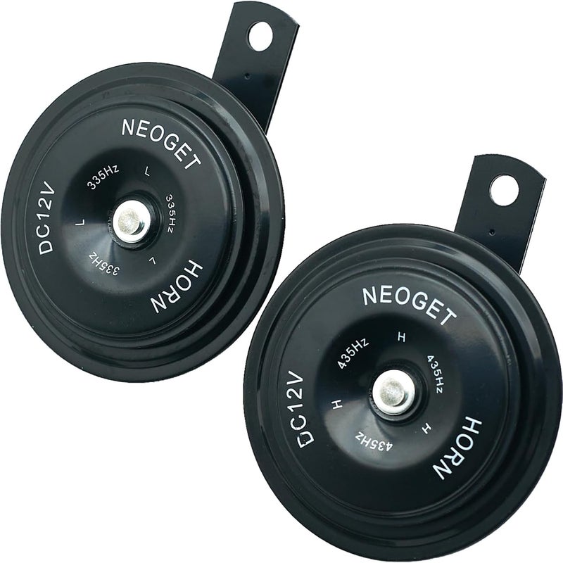 NEOGET مجموعة بوق سيارة 12 فولت كهربائي عالمي قرصي مقاوم للماء عالي الصوت جدًا ثنائي النغمات عالي ومنخفض مناسب للدراجات النارية والشاحنات كيت استبدال مع حامل (أسود) - Image 1