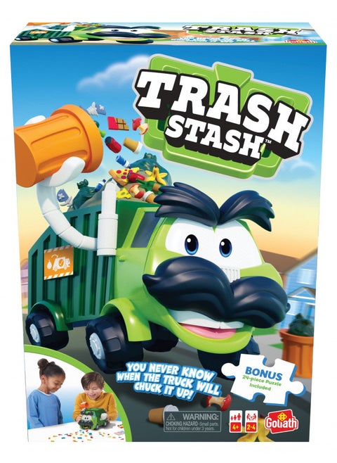 Goliath Trash Stash Game w/ 24pc Puzzle - Fill Trashcan, Watch It Dump Into Garbage Truck Or Truck Chucks It Up - Includes 24-Piece Puzzle