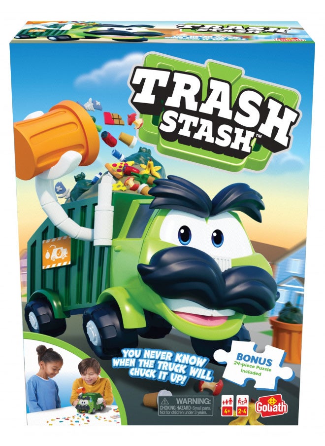 Goliath Trash Stash Game w/ 24pc Puzzle - Fill Trashcan, Watch It Dump Into Garbage Truck Or Truck Chucks It Up - Includes 24-Piece Puzzle