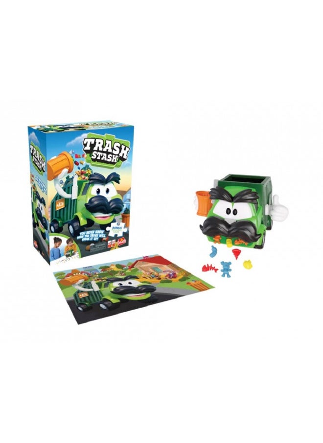 Goliath Trash Stash Game w/ 24pc Puzzle - Fill Trashcan, Watch It Dump Into Garbage Truck Or Truck Chucks It Up - Includes 24-Piece Puzzle