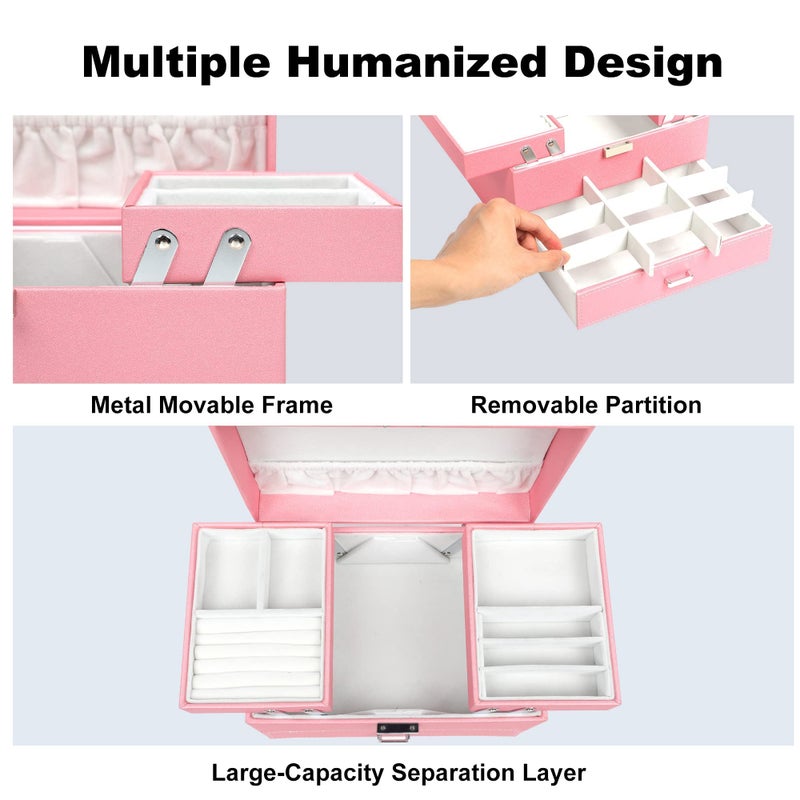 Dajasan Jewelry Organizer Box, Large Jewelry Boxes for Women Girls, Compact 3 Layers Jewelry Storage Case with Drawer, Gift Idea, Movable Metal Stand, Modern (Pink) - Image 3