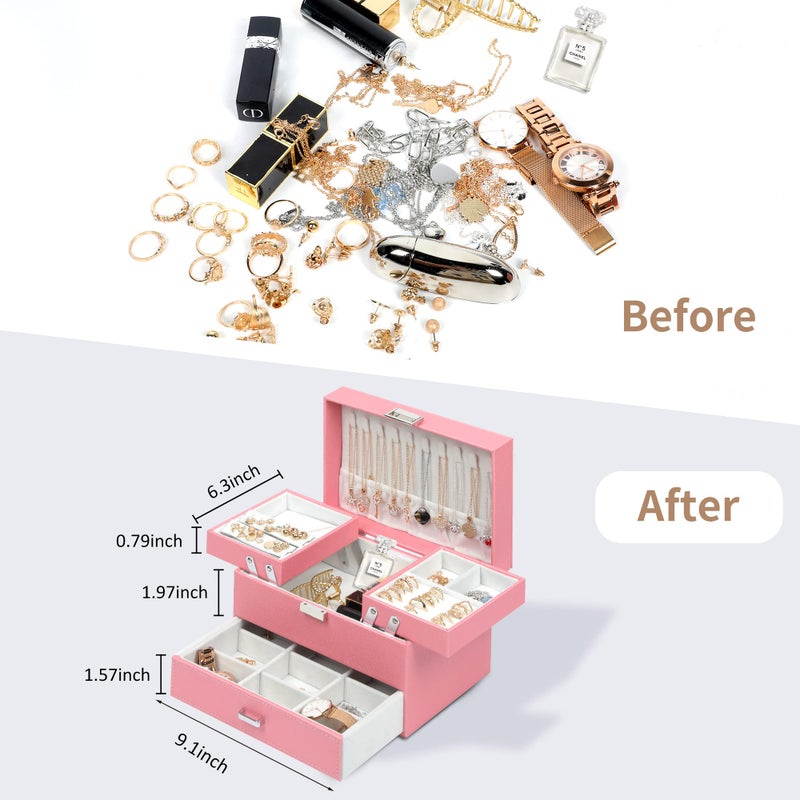 Dajasan Jewelry Organizer Box, Large Jewelry Boxes for Women Girls, Compact 3 Layers Jewelry Storage Case with Drawer, Gift Idea, Movable Metal Stand, Modern (Pink) - Image 4