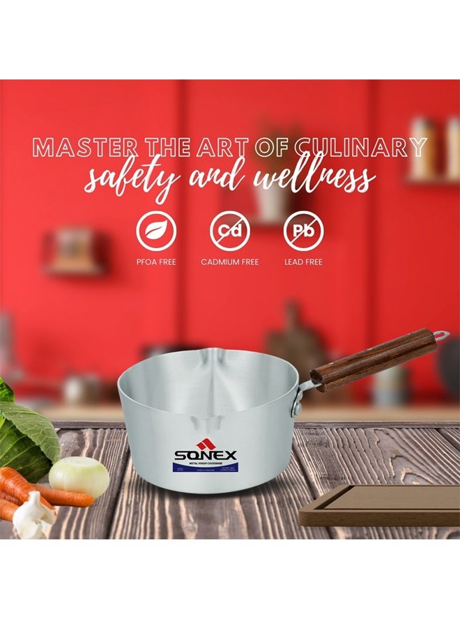 SONEX Sonex Mini Sauce Pan 14 cm, 800 ml, Premium Aluminum Finish, Dual Spout Design for Easy Pouring, Ideal for 2-3 Persons, Perfect for Tea, Coffee, Milk, or Water, Durable Wooden Heat-Resistant Handle  - Image 5