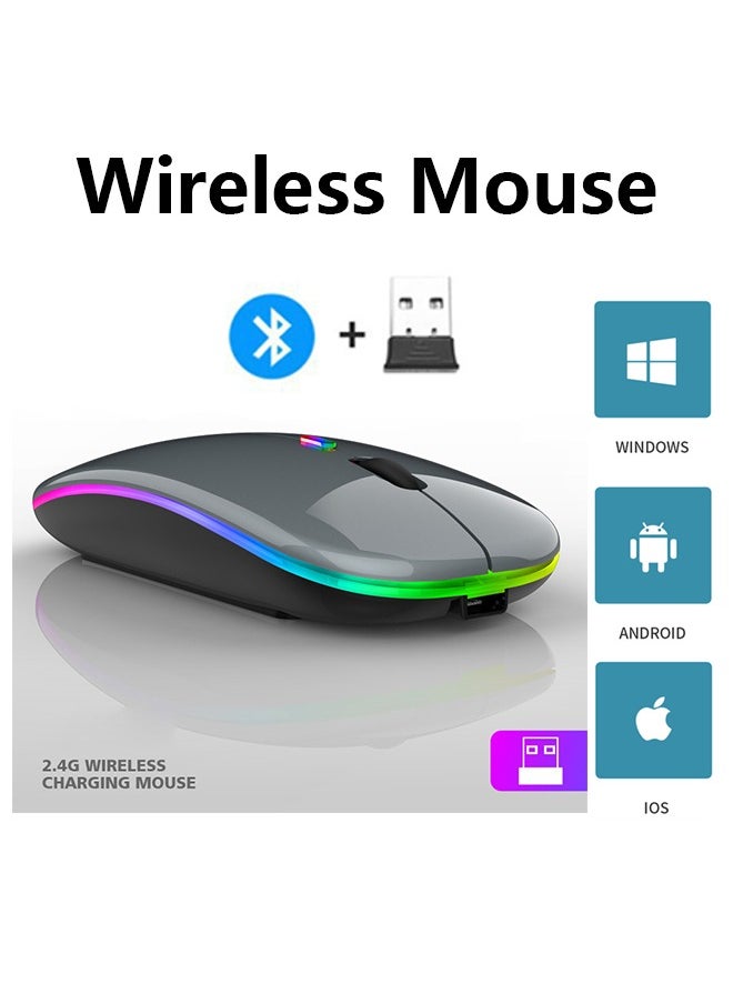 Generic - Wireless Bluetooth Mouse, Bluetooth 5.1 + USB, 2.4GHz Rechargeable Silent Bluetooth Wireless Mouse, Computer Mice with USB Receiver(Grey) - Image 1