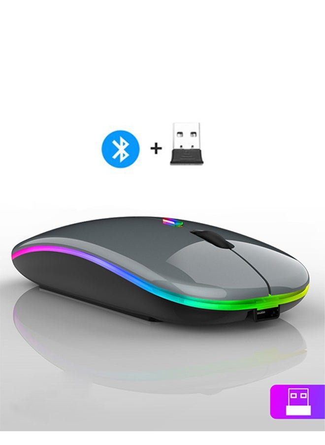 ماركة غير محددة - ماوس لاسلكي بتقنية البلوتوث، بلوتوث 5.1 + USB، ماوس لاسلكي صامت قابل لإعادة الشحن بتردد 2.4 جيجاهرتز، فأرة كمبيوتر مع مستقبل USB (رمادي مع إضاءة RGB) - Image 1