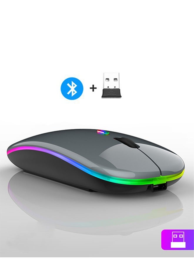 Wireless Bluetooth Mouse, Bluetooth 5.1 + 2.4GHz USB Wireless Receiver, Type-C Rechargeable Silent Bluetooth Wireless Mouse for PCs, Laptops, Tablets, Cell Phones, 3 Preset Adjustable DPI with RGB Lights (Grey)  - Image 1