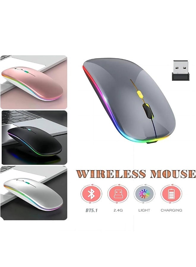 Wireless Bluetooth Mouse, Bluetooth 5.1 + 2.4GHz USB Wireless Receiver, Type-C Rechargeable Silent Bluetooth Wireless Mouse for PCs, Laptops, Tablets, Cell Phones, 3 Preset Adjustable DPI with RGB Lights (Grey)  - Image 2